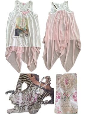 🇬🇷ON LINE White & Pink Chiffon Layered High Low Tank 🔥 Size Small Made in GREECE